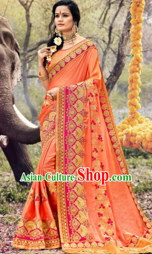 Indian Traditional Festival Peach Pink Georgette Sari Dress Asian India National Court Bollywood Costumes for Women