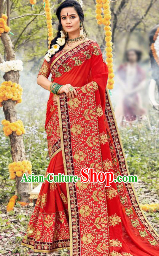 Indian Traditional Festival Red Georgette Sari Dress Asian India National Court Bollywood Costumes for Women