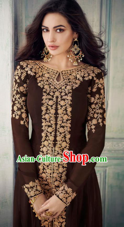 Indian Traditional Festival Embroidered Brown Anarkali Dress Asian India National Court Bollywood Costumes for Women