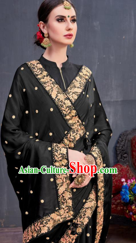 Indian Traditional Festival Black Silk Sari Dress Asian India National Court Bollywood Costumes for Women