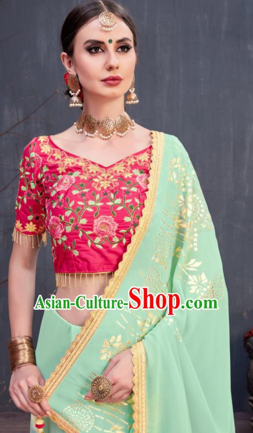 Indian Traditional Festival Light Green Silk Sari Dress Asian India National Court Bollywood Costumes for Women