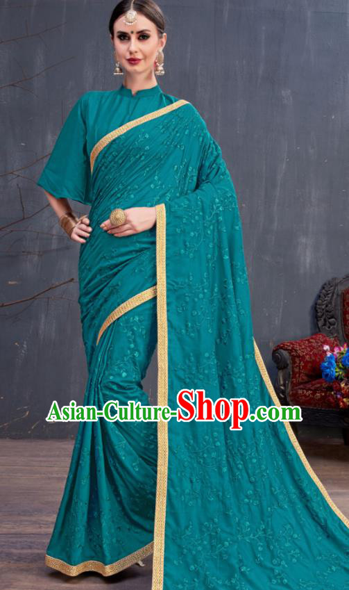Indian Traditional Festival Lake Blue Sari Dress Asian India National Court Bollywood Costumes for Women
