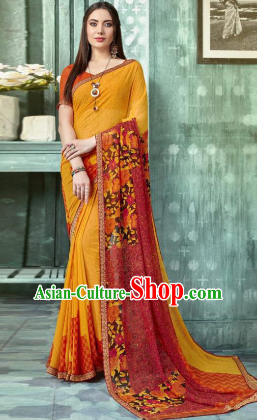 Indian Traditional Bollywood Printing Sari Ginger Dress Asian India National Festival Costumes for Women