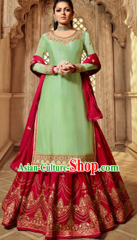 Asian Indian Embroidered Green Satin Blouse and Red Skirt India Traditional Lehenga Choli Costumes Complete Set for Women