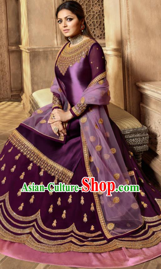 Asian Indian Embroidered Purple Satin Blouse and Skirt India Traditional Lehenga Choli Costumes Complete Set for Women