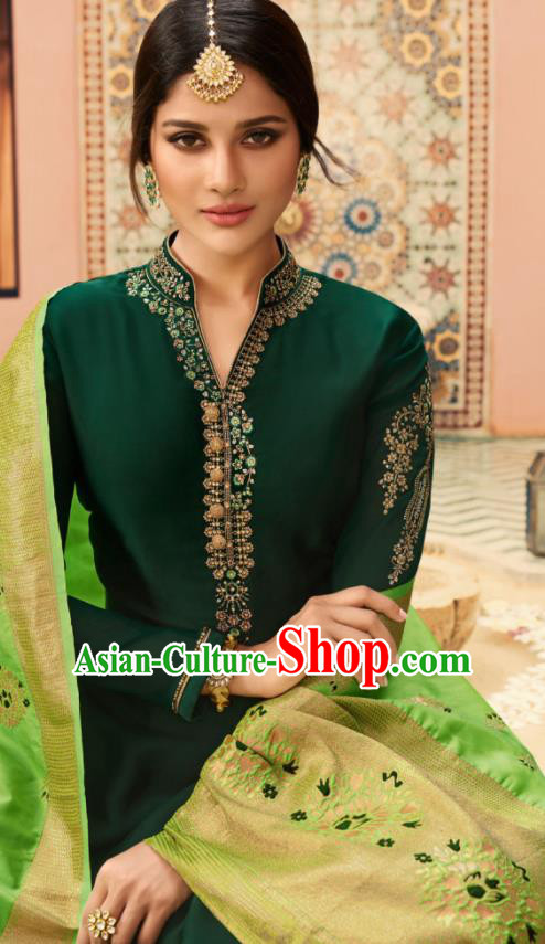 Indian Traditional Embroidered Deep Green Satin Blouse and Loose Pants India Punjabis Lehenga Choli Costumes Complete Set for Women