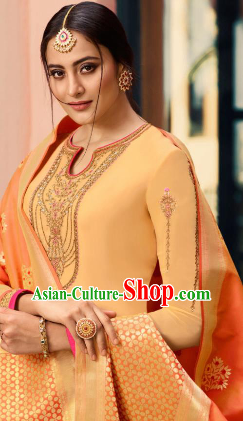 Indian Traditional Embroidered Apricot Satin Blouse and Loose Pants India Punjabis Lehenga Choli Costumes Complete Set for Women