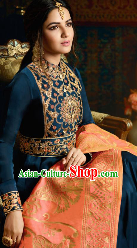 Indian Traditional Festival Navy Satin Anarkali Dress Asian India National Court Bollywood Costumes for Women