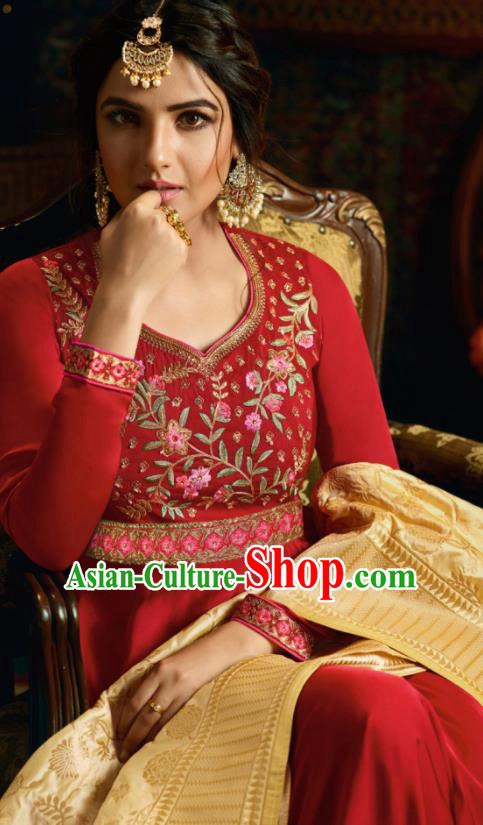 Indian Traditional Festival Red Satin Anarkali Dress Asian India National Court Bollywood Costumes for Women