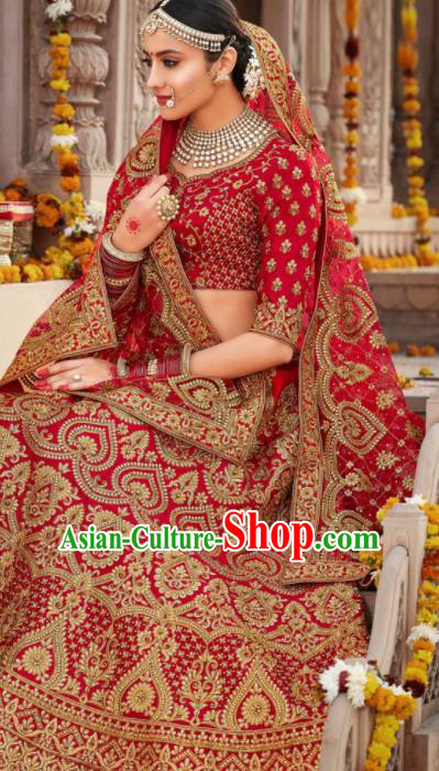 Indian Traditional Court Wedding Bride Lehenga Red Embroidered Dress Asian India National Bollywood Costumes for Women