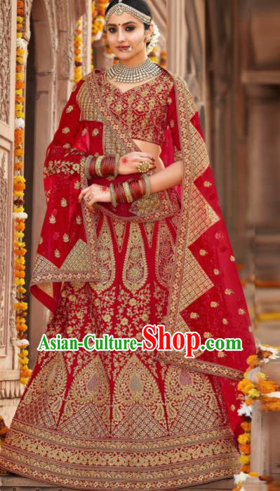 Indian Traditional Wedding Bride Lehenga Red Embroidered Dress Asian India National Court Bollywood Costumes for Women