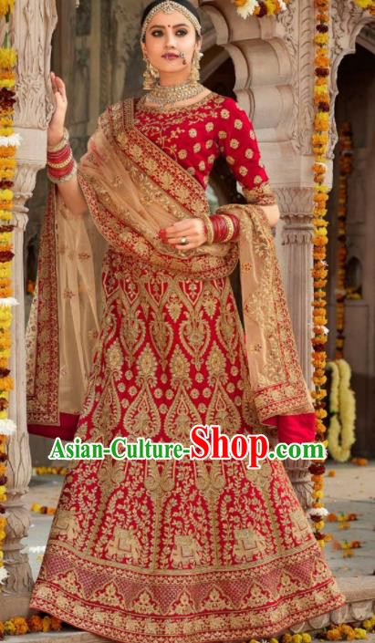 Traditional Indian Wedding Lehenga Court Bride Red Embroidered Dress Asian India National Bollywood Costumes for Women