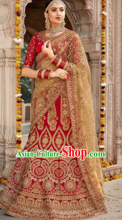 Traditional Indian Wedding Bride Lehenga Court Red Embroidered Dress Asian India National Bollywood Costumes for Women