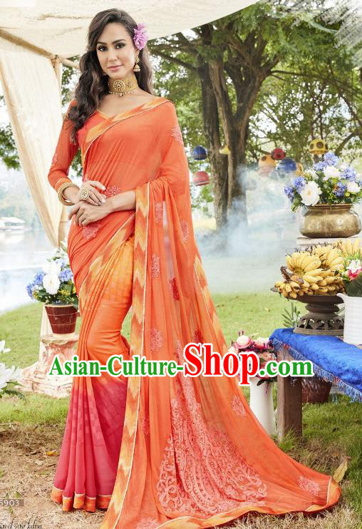 Traditional Indian Embroidered Orange Georgette Sari Dress Asian India National Bollywood Costumes for Women