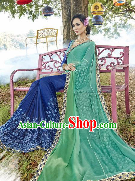 Traditional Indian Embroidered Royalblue and Green Georgette Sari Dress Asian India National Bollywood Costumes for Women