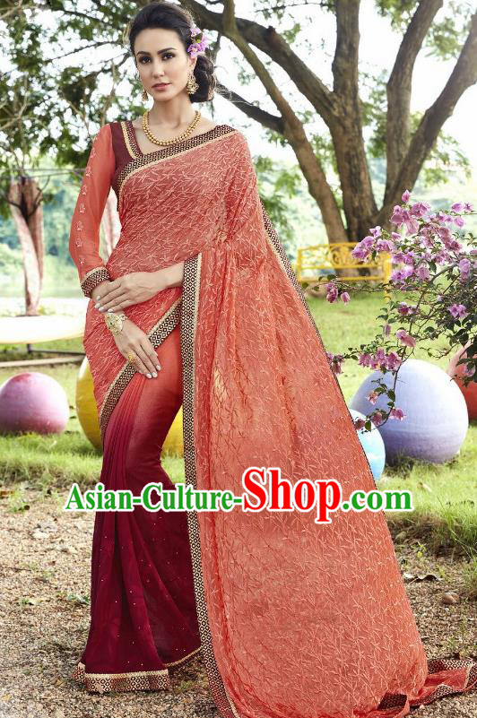 Traditional Indian Embroidered Wine Red and Pink Georgette Sari Dress Asian India National Bollywood Costumes for Women