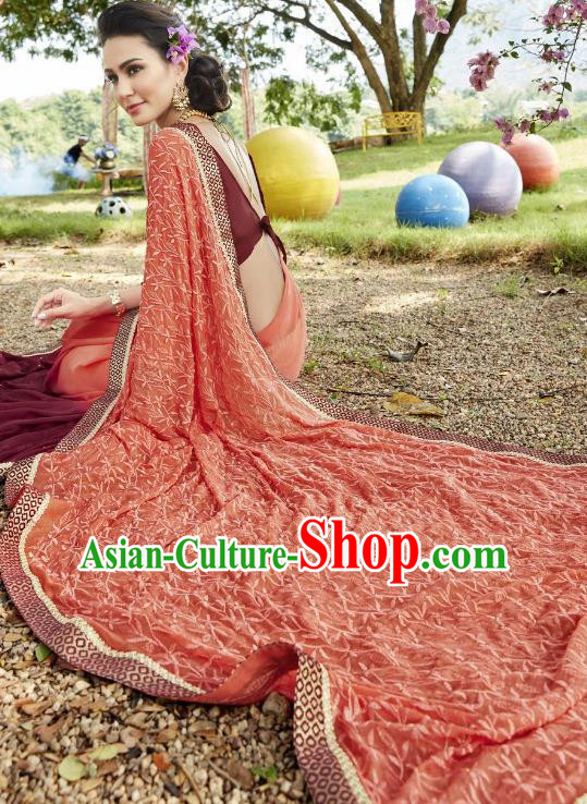 Traditional Indian Embroidered Wine Red and Pink Georgette Sari Dress Asian India National Bollywood Costumes for Women
