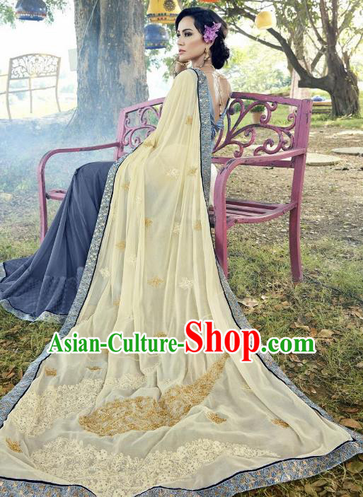 Traditional Indian Embroidered Beige and Blue Georgette Sari Dress Asian India National Bollywood Costumes for Women