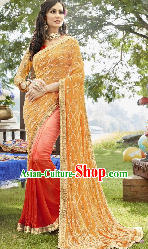 Traditional Indian Embroidered Orange and Red Georgette Sari Dress Asian India National Bollywood Costumes for Women