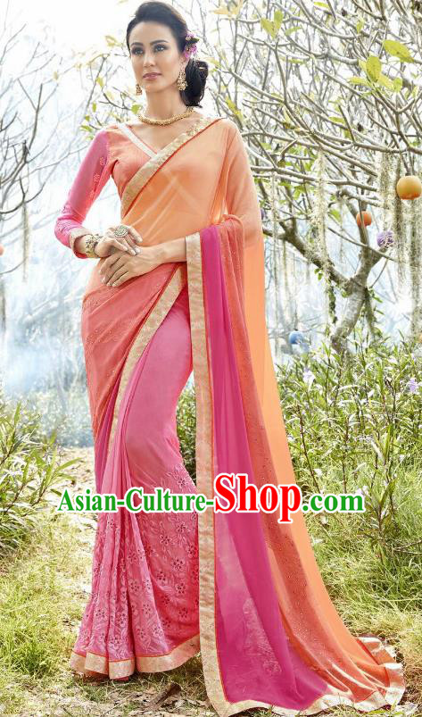 Traditional Indian Embroidered Orange and Pink Georgette Sari Dress Asian India National Bollywood Costumes for Women