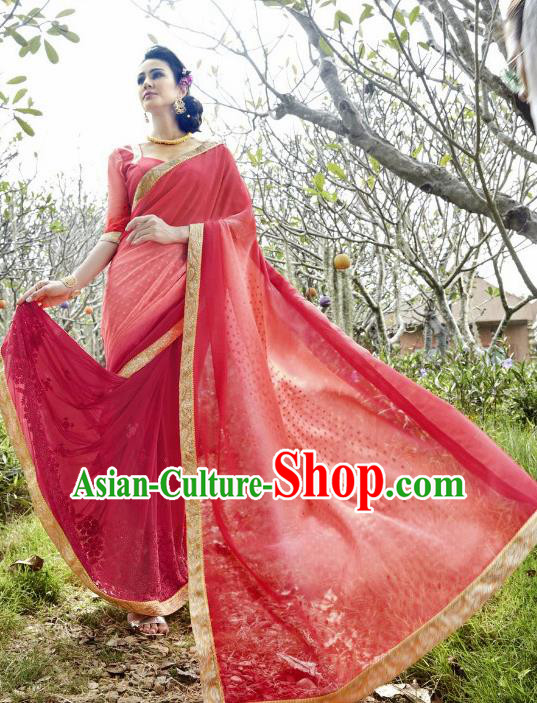 Traditional Indian Embroidered Rosy Georgette Sari Dress Asian India National Bollywood Costumes for Women