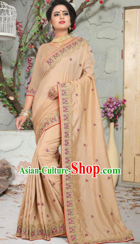 Traditional Indian Embroidered Apricot Silk Sari Dress Asian India National Bollywood Costumes for Women