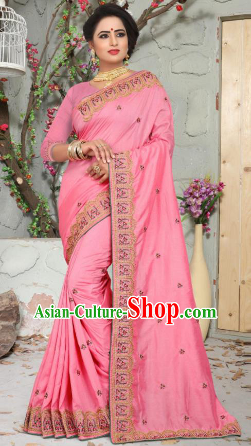 Traditional Indian Embroidered Pink Silk Sari Dress Asian India National Bollywood Costumes for Women