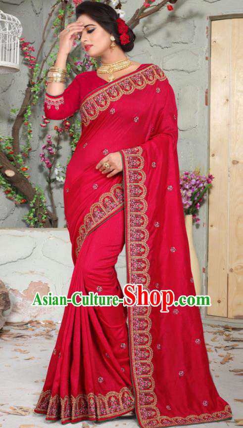 Traditional Indian Embroidered Red Silk Sari Dress Asian India National Bollywood Costumes for Women