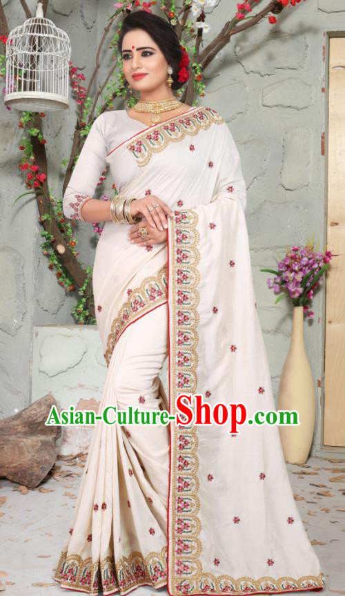 Traditional Indian Embroidered White Silk Sari Dress Asian India National Bollywood Costumes for Women