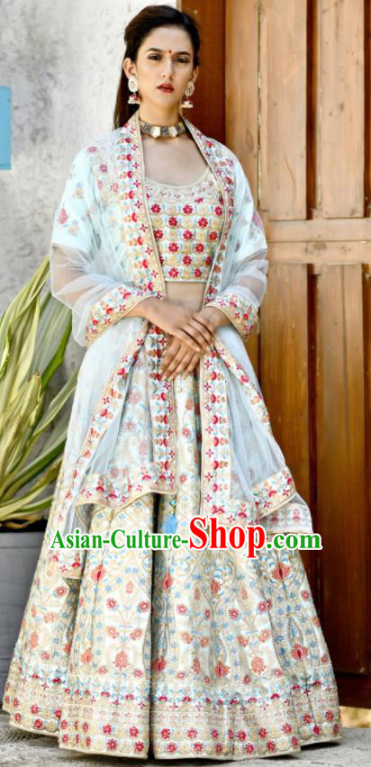 Traditional Indian Embroidered Lehenga Light Blue Satin Dress Asian India National Bollywood Costumes for Women