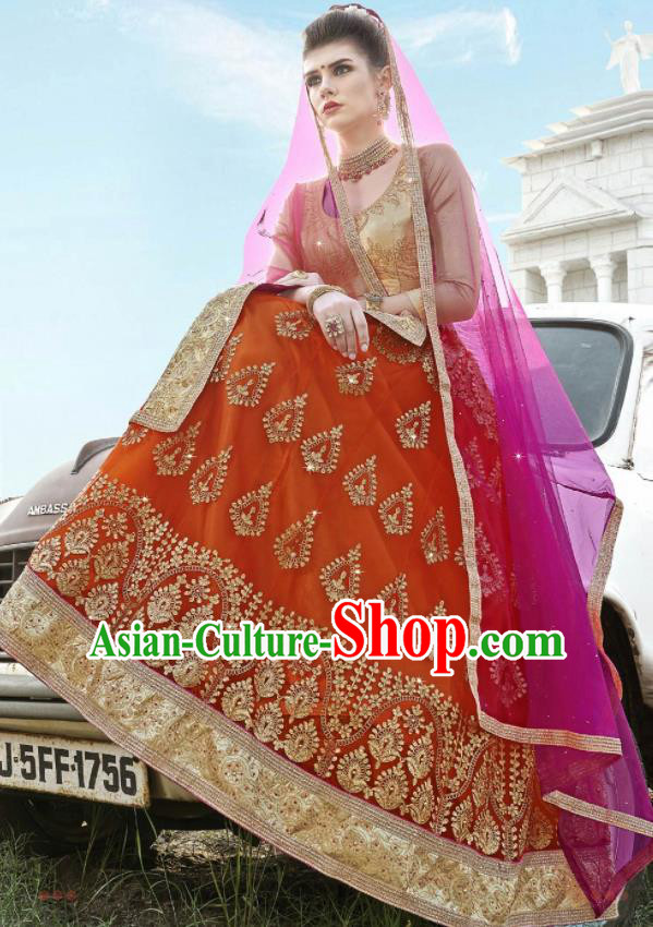 Traditional Indian Embroidered Lehenga Orange Dress Asian India National Bollywood Costumes for Women
