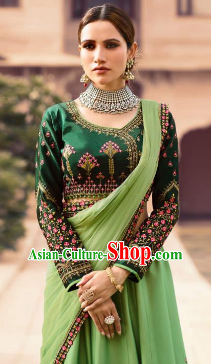 Traditional Indian Embroidered Lehenga Green Silk Dress Asian India National Bollywood Costumes for Women