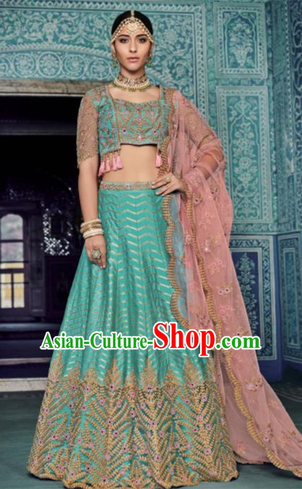 Traditional Indian Embroidered Lehenga Light Blue Silk Dress Asian India National Bollywood Costumes for Women