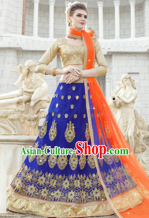 Traditional Indian Embroidered Lehenga Royal Blue Dress Asian India National Bollywood Costumes for Women