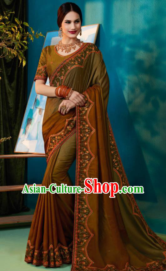 Traditional Indian Sari Embroidered Olive Green and Brown Silk Dress Asian India National Bollywood Costumes for Women