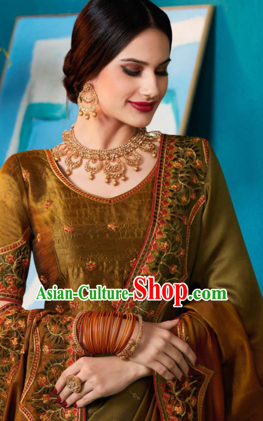 Traditional Indian Sari Embroidered Olive Green and Brown Silk Dress Asian India National Bollywood Costumes for Women