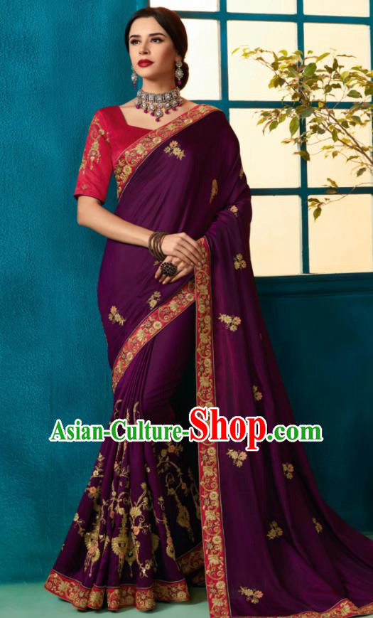 Traditional Indian Sari Embroidered Purple Silk Dress Asian India National Bollywood Costumes for Women