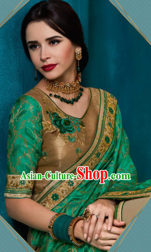 Traditional Indian Sari Embroidered Green and Khaki Silk Dress Asian India National Bollywood Costumes for Women