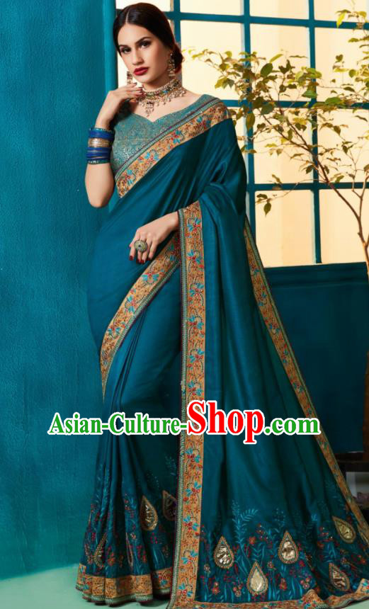 Traditional Indian Sari Embroidered Navy Blue Silk Dress Asian India National Bollywood Costumes for Women