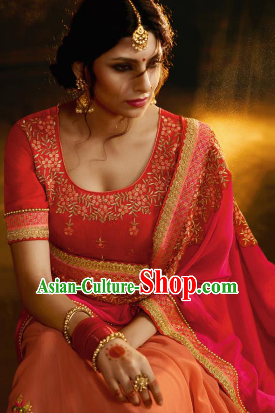 Traditional Indian Court Queen Embroidered Rosy Georgette Sari Dress Asian India National Bollywood Costumes for Women