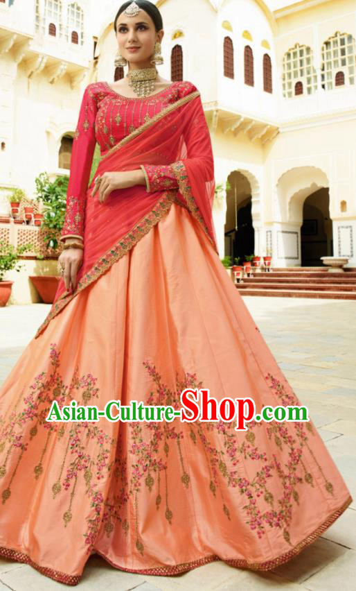 Traditional Indian Court Queen Embroidered Peachy Lehenga Dress Asian India National Bollywood Costumes for Women