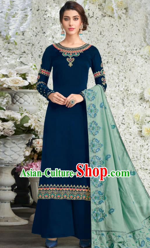 Traditional Indian Lehenga Embroidered Deep Blue Blouse and Pants Asian India Punjab National Costumes for Women