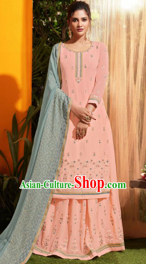 Traditional Indian Lehenga Embroidered Pink Georgette Blouse and Pants Asian India Punjab National Costumes for Women