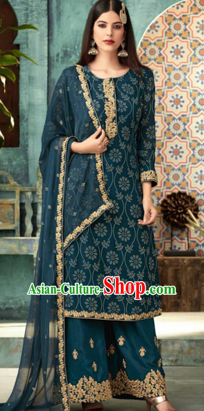 Traditional Indian Punjab Lehenga Embroidered Deep Blue Georgette Blouse and Pants Asian India National Costumes for Women