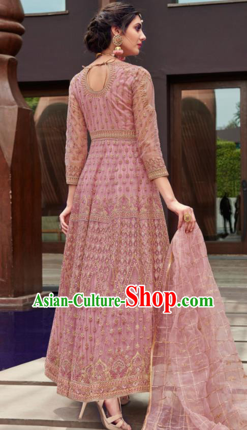 Traditional Indian Embroidered Pink Anarkali Dress Asian India National Costumes for Women