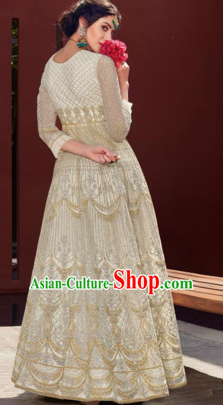 Traditional Indian Embroidered Beige Anarkali Dress Asian India National Costumes for Women