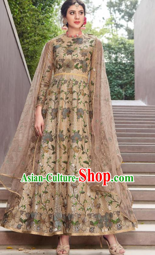 Traditional Indian Embroidered Golden Anarkali Dress Asian India National Costumes for Women