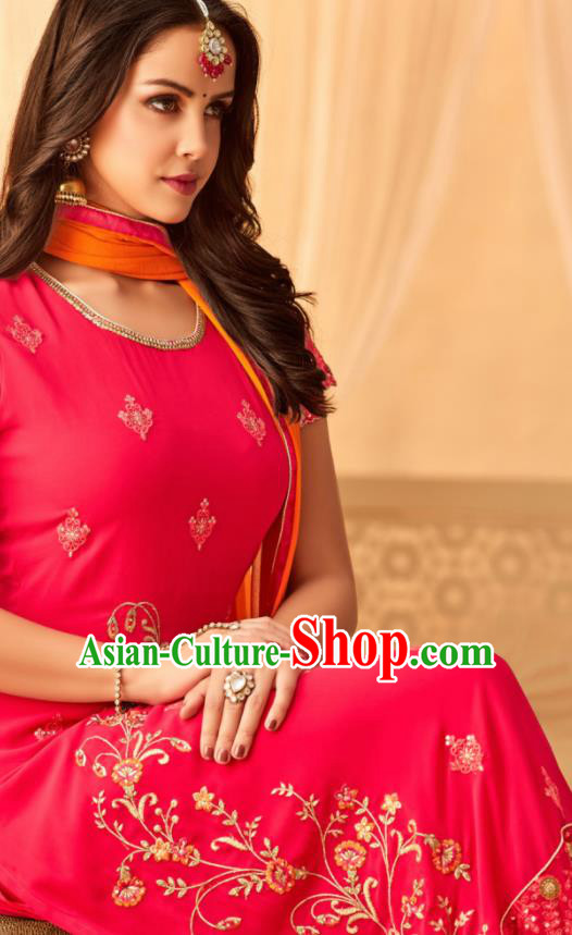 Traditional Indian Punjab Rosy Georgette Blouse and Pants Asian India National Costumes for Women