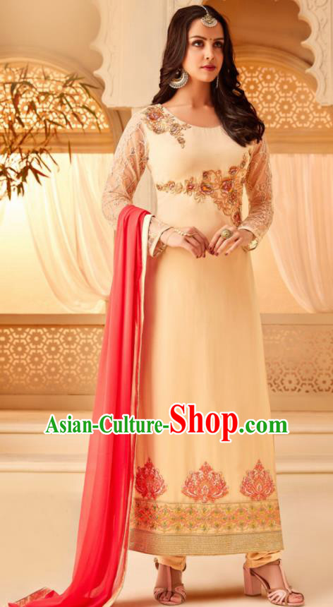 Traditional Indian Punjab Beige Georgette Blouse and Pants Asian India National Costumes for Women