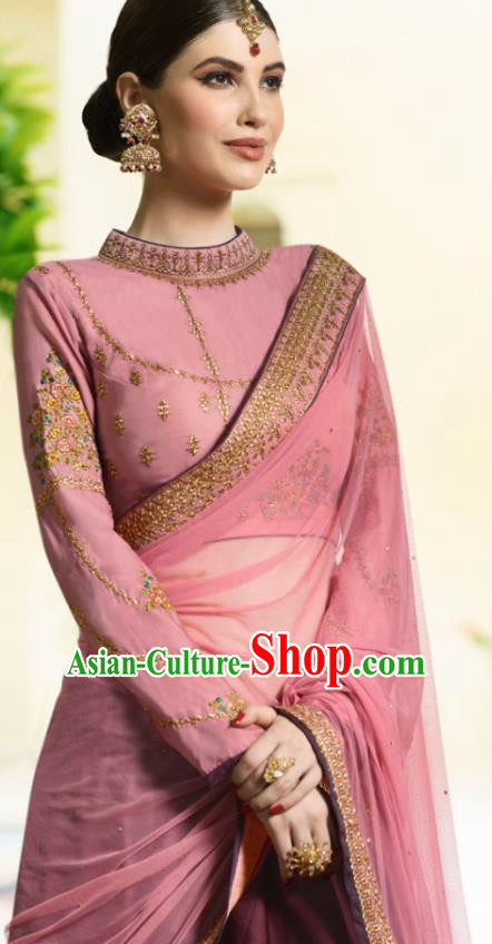Traditional Indian Lehenga Pink Silk Dress Asian India National Bride Costumes for Women